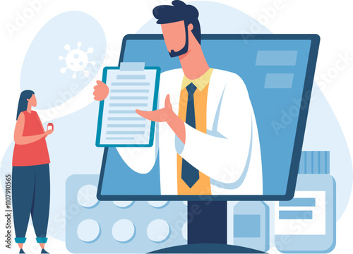 Doctor explaining prescription through video call to patient holding medicine bottle, with medications and coronavirus in the background, representing online medical consultation during pandemic