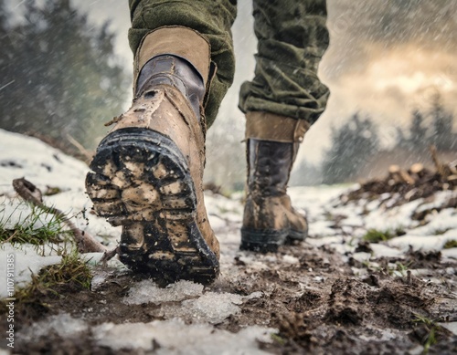 Close up of a person's boots running on snowy muddy ground. Generated with AI