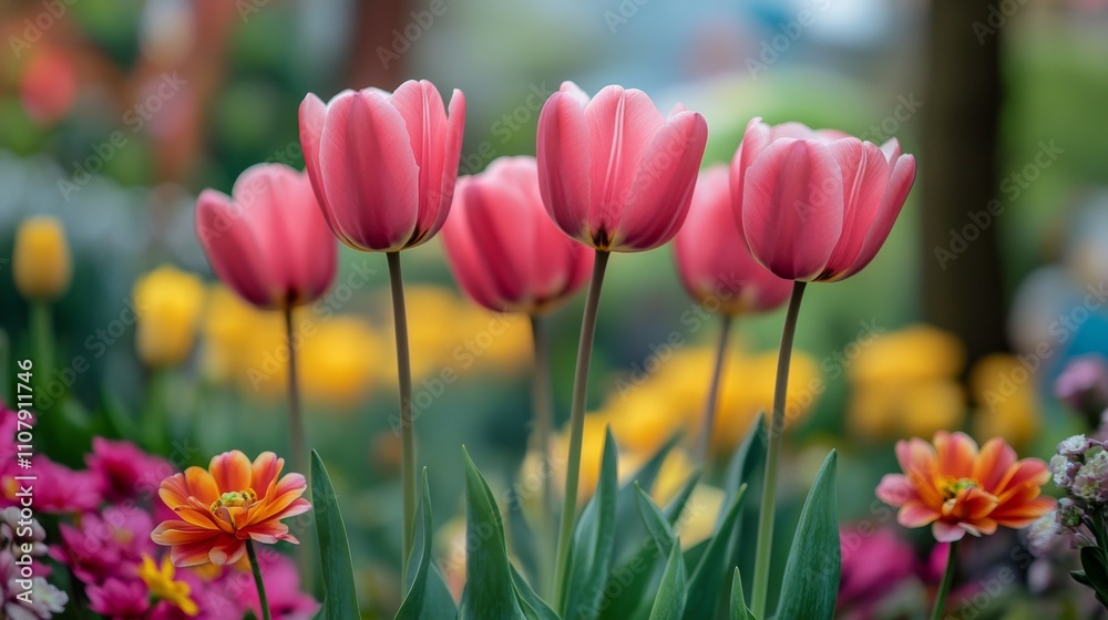 Fototapeta premium Vibrant Spring Tulips Blooming in Garden