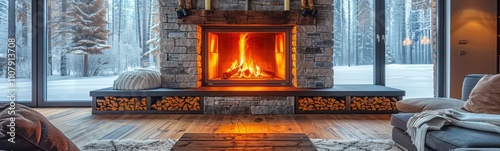 Fireplace with logs in front of a large window in a living room, banner, copy space