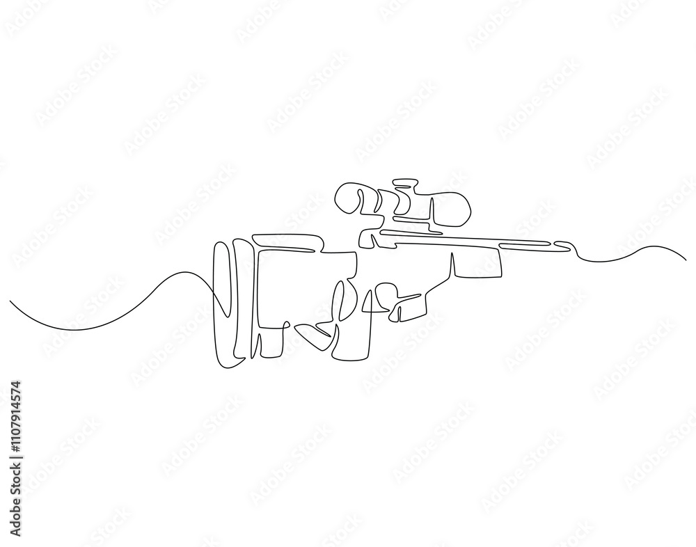 Obraz premium Continuous one line drawing of sniper rifle. One line drawing illustration of army weapon sniper. Military weapon, soldier equipment concept line art. Editable outline