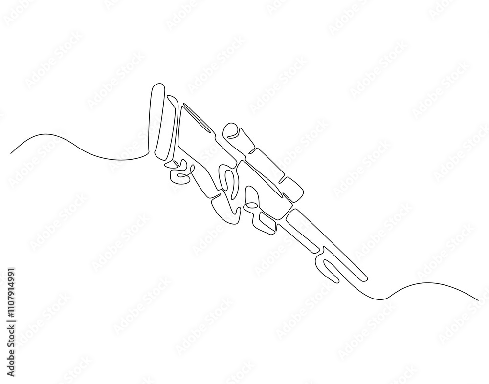 Obraz premium Continuous one line drawing of sniper rifle. One line drawing illustration of army weapon sniper. Military weapon, soldier equipment concept line art. Editable outline
