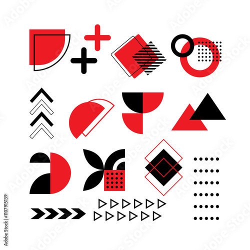 Modern geometric elements and patterns. Memphis, Swiss, and Bauhaus design with brutalist shapes and grids.