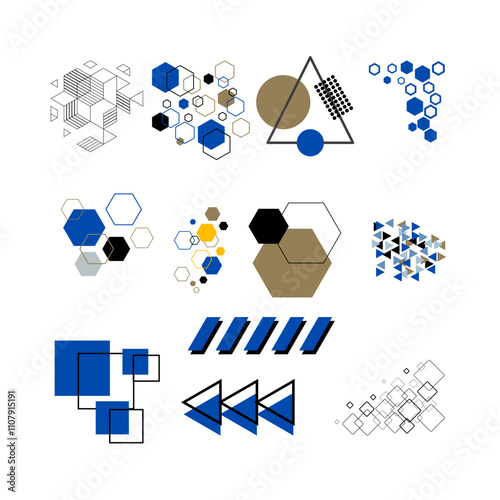 Abstract geometric elements and patterns. Modern Memphis, Swiss, and Bauhaus design aesthetics with brutalist shapes, grids, and minimal figures. Vector elements for layouts and logos.