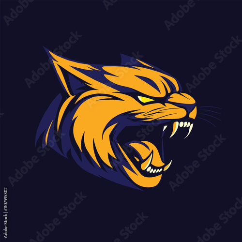 Tiger head mascot logo design, vector illustration, simple shapes, dark background color, angry cat character with open mouth, professional style photo