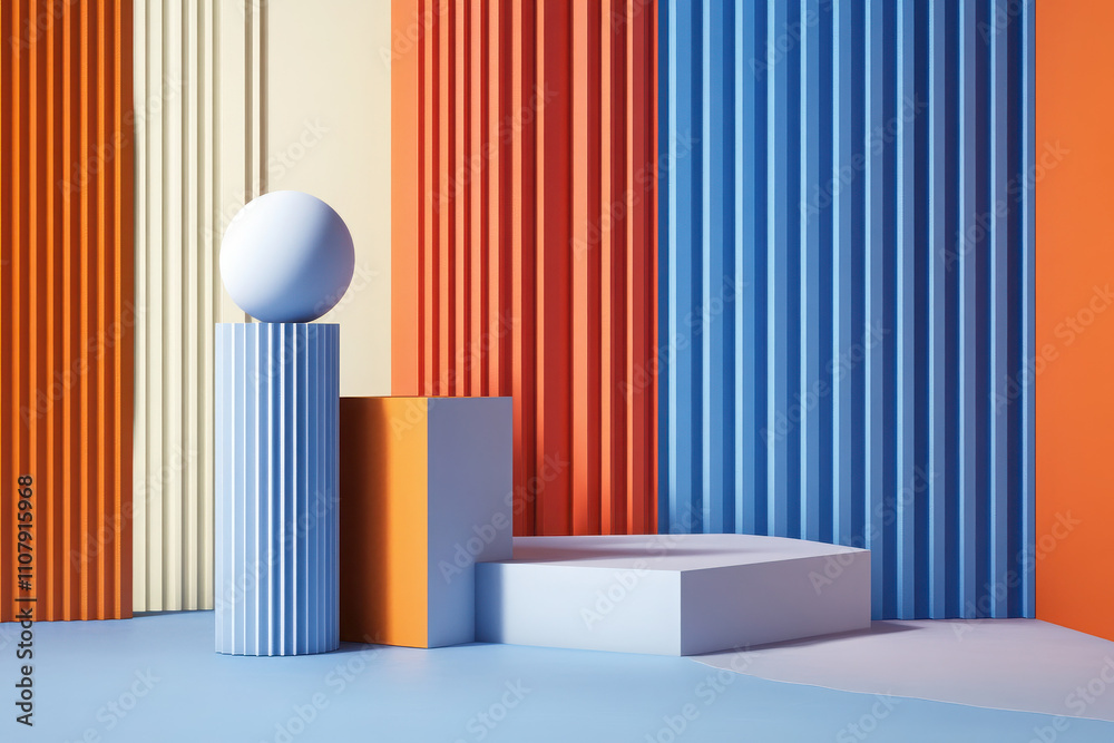 Obraz premium Abstract geometric composition featuring colorful vertical stripes and shapes.
