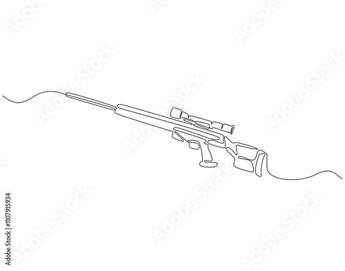 Continuous one line drawing of sniper rifle. One line drawing illustration of army weapon sniper. Military weapon, soldier equipment concept line art. Editable outline