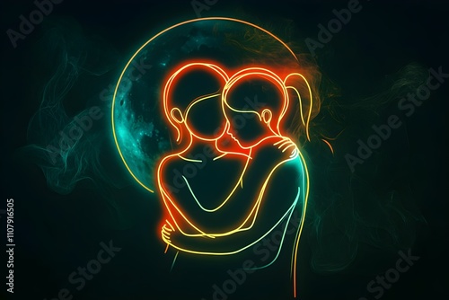 A contemporary digital artwork featuring the silhouettes of two figures embracing under a neon moonlit sky. photo