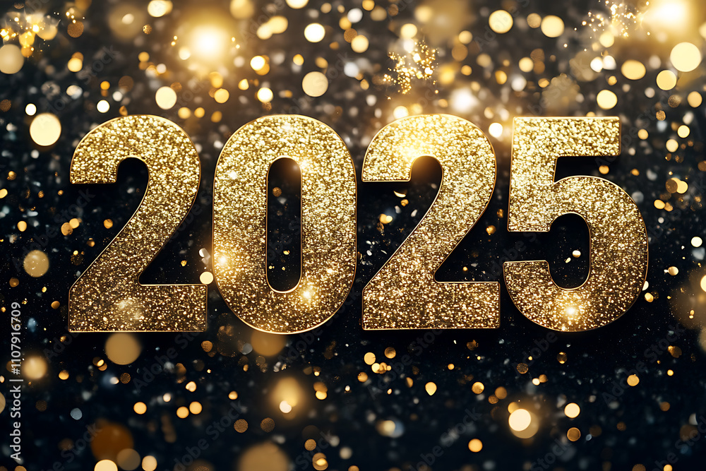 A festive holiday-themed background with glittering confetti, gold sparkles, and luxurious '2025' gold foil text. Ideal for celebrations and events A festive holiday-themed background with glittering confetti, gold sparkles, and luxurious '2025' gold foil text. Ideal for celebrations and events