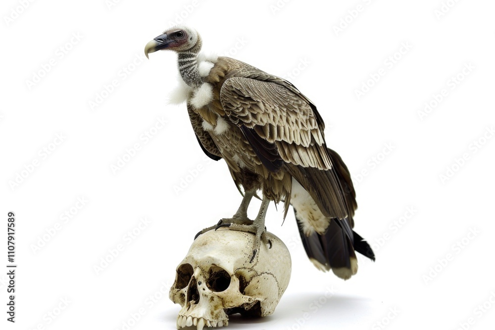 Obraz premium A vulture sits atop a human skull, often used in macabre or eerie contexts