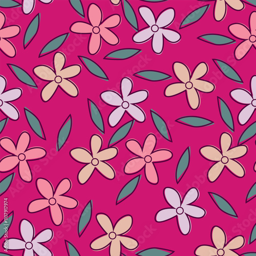 Abstract seamless pattern with plants, herbs and flowers, botanical illustration.