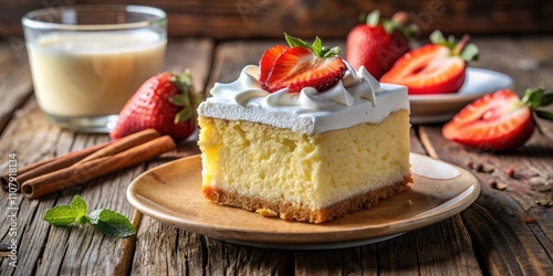 Wallpaper Mural A single slice of cake topped with whipped cream and fresh strawberries on a wooden plate, with a glass of milk and cinnamon sticks nearby Torontodigital.ca