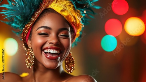 A joyful woman with a stunning headdress and bold makeup, smiling radiantly with colorful bokeh lights in the background, embodying the essence of carnival celebration. photo