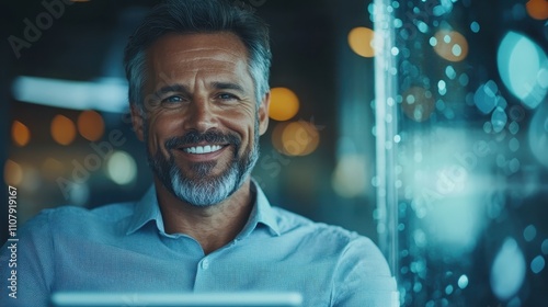 Smiling mature man in casual shirt indoors, with ambient glowing light effects from the surroundings, creating a calming atmosphere. photo