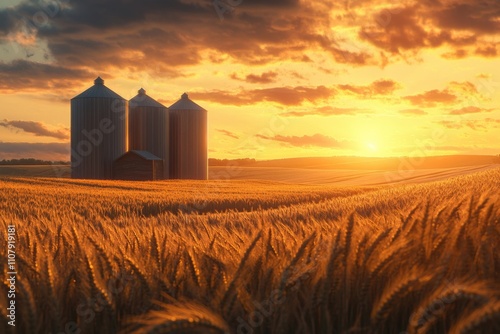 Two grain silos standing in a wheat field during golden hour photo