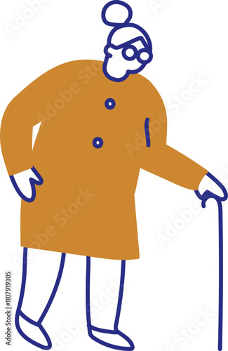 Line Art Cartoon People Vector Character. Old Woman With Cane Outline figure Isolated on white background.
