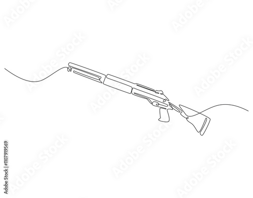 Continuous one line drawing of firearms shotgun. One line drawing illustration of shotgun gun. Soldier equipment concept line art. Editable outline