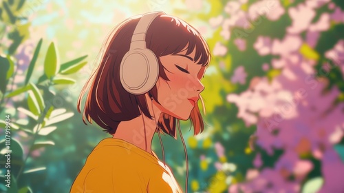 A young woman wearing headphones enjoys music as the sunset casts a beautiful glow inside.