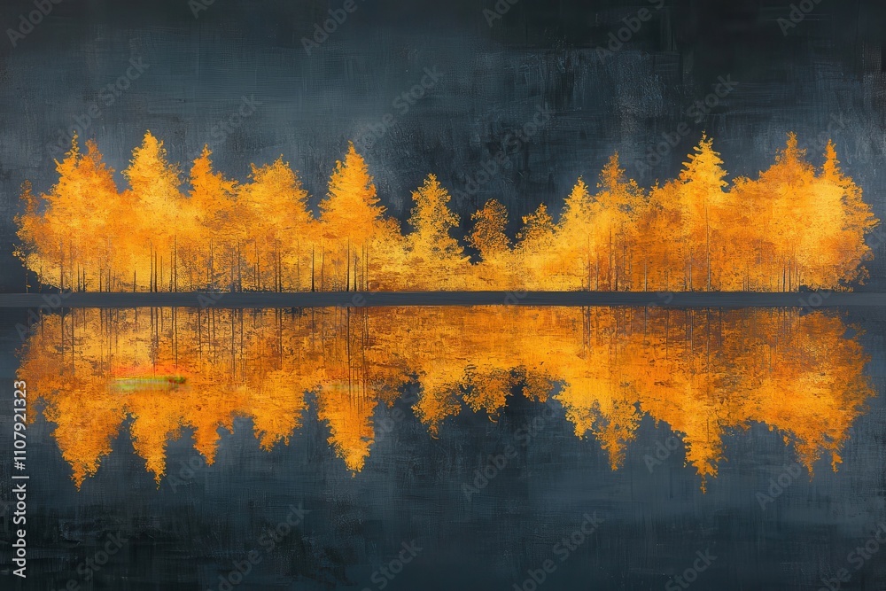 Obraz premium Golden leaves reflected in water under a dark sky. Modern art portraying a golden-toned forest landscape