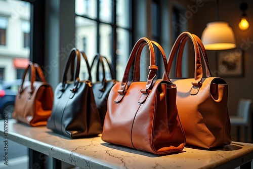 Stylish leather handbags in a minimalist boutique with city view