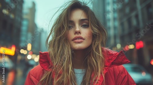 A young woman in a fashionable red coat stands on a bustling city street, exuding confidence and style amidst the evening hustle and urban lights. photo