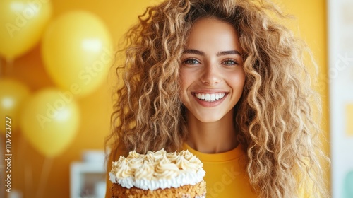 A cheerful young woman with exuberant curly hair holds a vibrant yellow cake in a room adorned with matching yellow decorations, reflecting happiness and celebration. photo