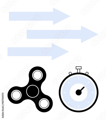 Three blue arrows indicating speed, a black-and-white fidget spinner symbolizing relaxation, and a blue stopwatch representing precision. Ideal for themes of efficiency, time management, focus