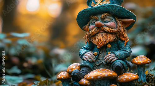 Charming garden gnome seated among colorful mushrooms in a serene forest setting during golden hour. Generative AI photo