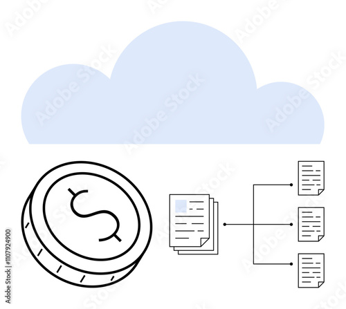 Cloud icon above a dollar coin and hierarchical set of interconnected documents. Ideal for finance, cloud storage, data management, digital banking, file sharing, fintech, document organization. Line