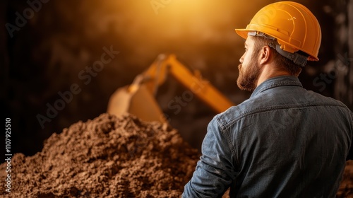 A construction worker wearing a yellow hard hat stands observing a pile of dirt at a construction site with equipment partly visible in the background. photo