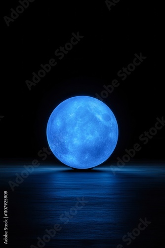 A glowing blue moon against a dark background creates a mystical atmosphere, This image can be used for themes related to space, dreams, or calming designs, photo