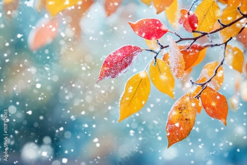 Fall slowly transitions to winter, first flurries, gentle blur backdrop, transformational season