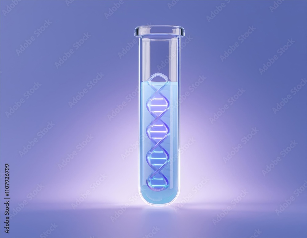 3D test tube filled with a glowing blue liquid containing a DNA strand 3D test tube filled with a glowing blue liquid containing a DNA strand