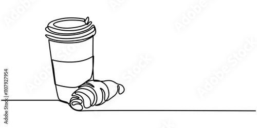 Single one line drawing croissant with paper cup filled with hot sweet tea. Continuous one line design graphic illustration, pro vactor ,Woke up late. Brought to the office. National Croissant Day.   