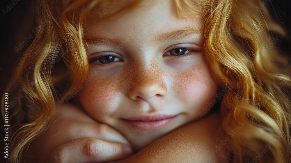 Naklejka premium A girl with curly golden hair and freckles rests her chin on her hands, showing a warm smile in a softly lit indoor space