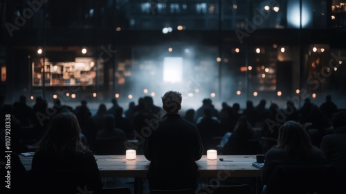 Group of people sitting at a long table in a dimly lit room with a large window in the background.