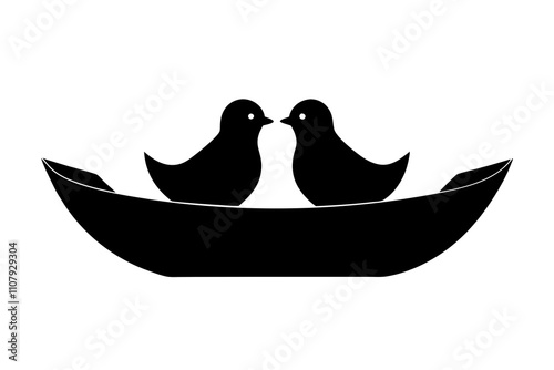 Love Birds Sitting on a Wooden Boat Silhouette Vector.