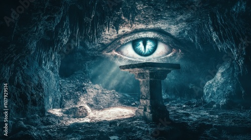 Mysterious Cave with Eye Symbol and Stone Column