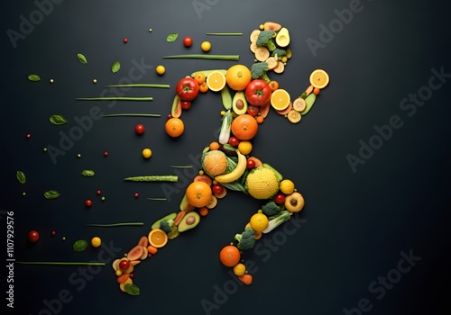Running Man Made of Fruits and Vegetables, a Healthy Lifestyle Concept