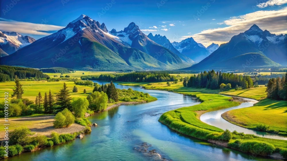 Obraz premium Calm Scenery with Stunning Mountains and a Flowing River Through Verdant Fields Under a Clear Blue Sky on a Sunny and Bright Day