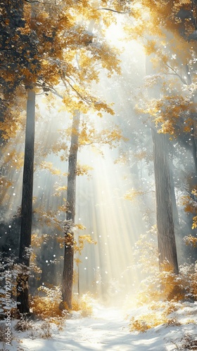 Close Up of a Sun Shining Through a Snowy Evergreen Forest Winter Solstice Symbols ,Winter seasson, Happy New Year, Happy christmass