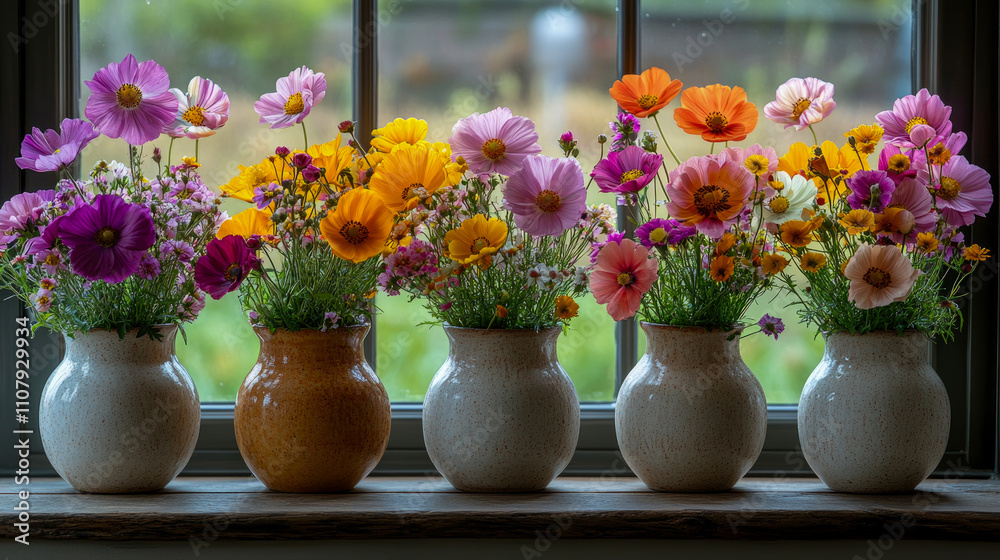 custom made wallpaper toronto digitalA row of vibrant flower vases filled with colorful blossoms sits on a windowsill, illuminated by natural light streaming in