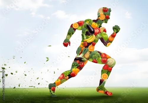 Running Man Made of Fruits and Vegetables, a Healthy Lifestyle Concept