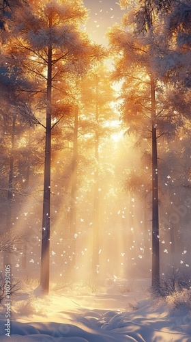 Close Up of a Sun Shining Through a Snowy Evergreen Forest Winter Solstice Symbols ,Winter seasson, Happy New Year, Happy christmass