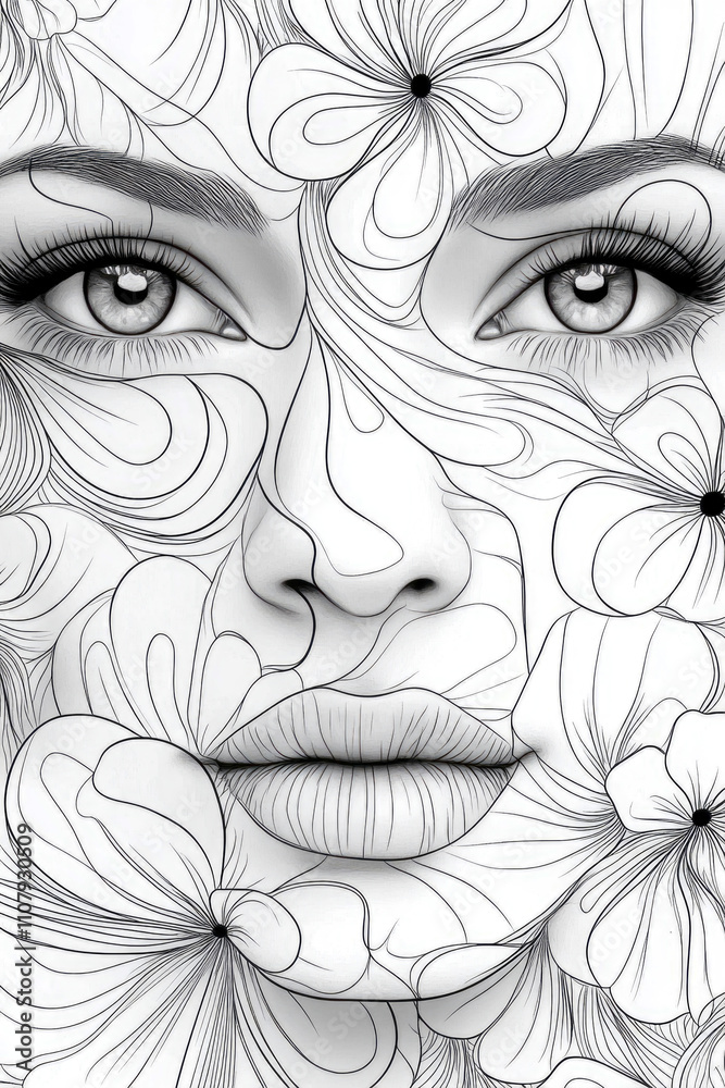 Fototapeta premium A captivating portrait of a woman intricately entwined with floral patterns, highlighting her features and creating an artistic composition