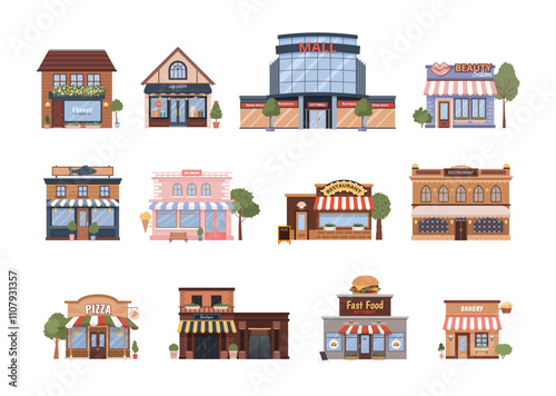 Various flat urban building icons set. Isolated municipal buildings, shops and restaurants. Mall, gift shop, bakery, boutique, pizza, fast food restaurant on white background. Vector illustrations.