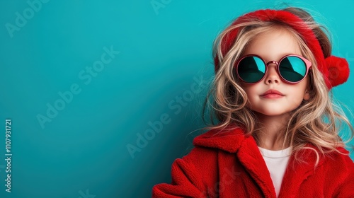 A confident child wearing a red coat and big sunglasses stands coolly against a turquoise background, portraying a sense of boldness and keen fashion style. photo