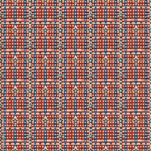 American Flag Pattern: A seamless pattern of red, white, and blue, featuring stars and stripes in a repeating design. Perfect for patriotic projects, textiles, and backgrounds.