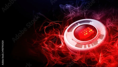 A glowing smoke detector with a red light, set against a dark background, highlighting its importance in fire safety. photo