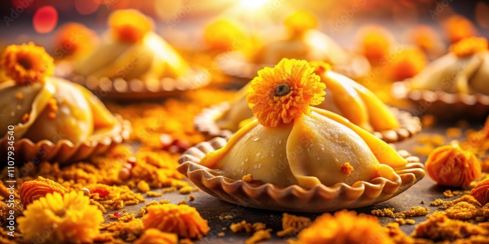 Obraz premium Golden Pastry Delights Adorned with Vibrant Floral Accents Resting on a Bed of Spiced Crumbs